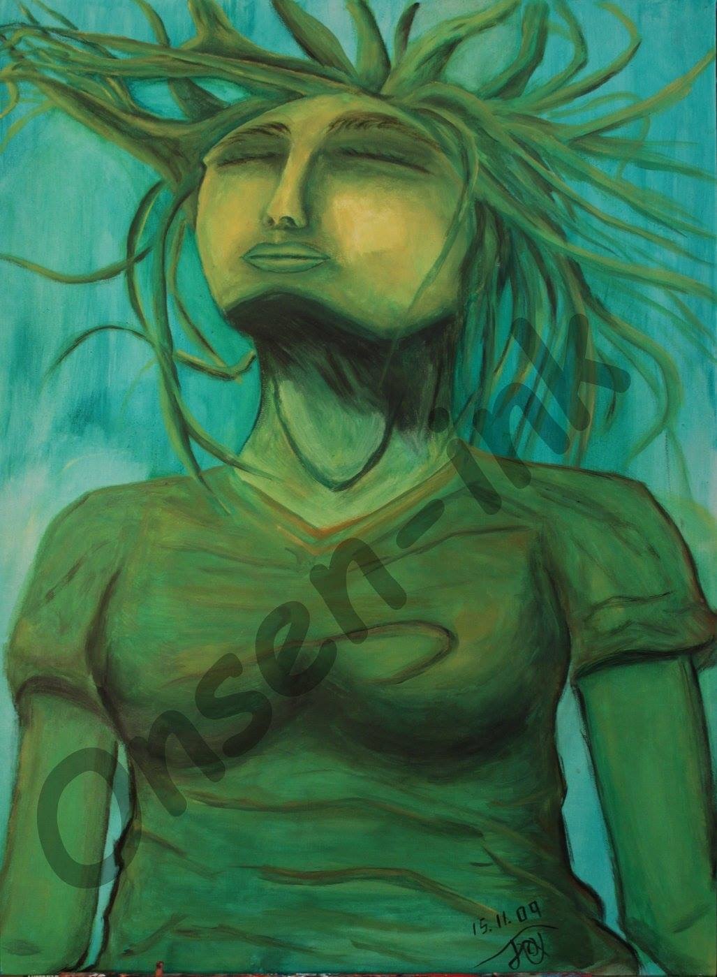 Illustration einer Frau mit dunklem Haar und Brille in einem hellen Flur