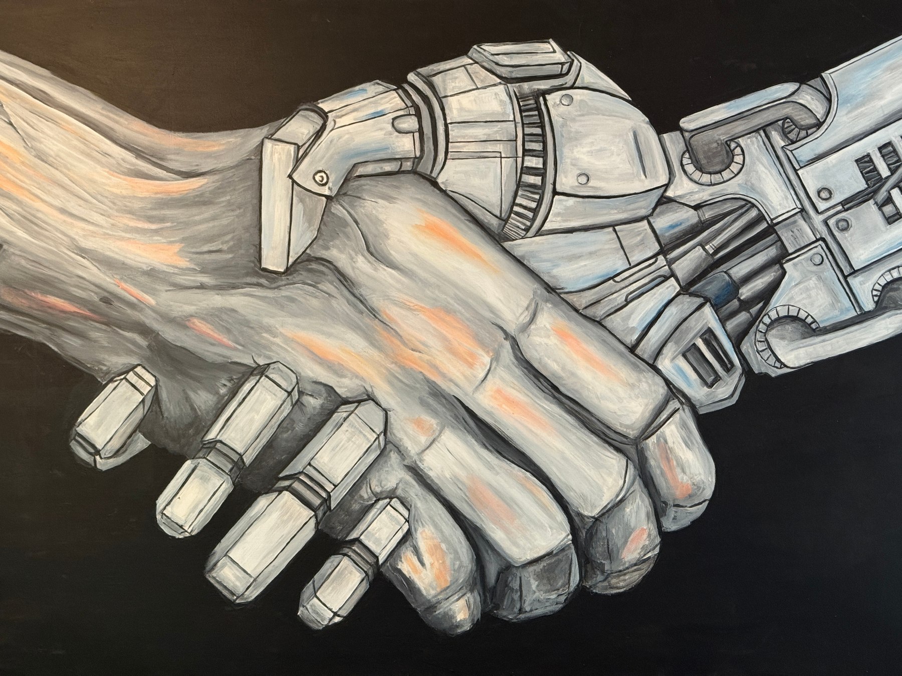Gemälde eines menschlichen und eines mechanischen Arms, die sich die Hand geben
