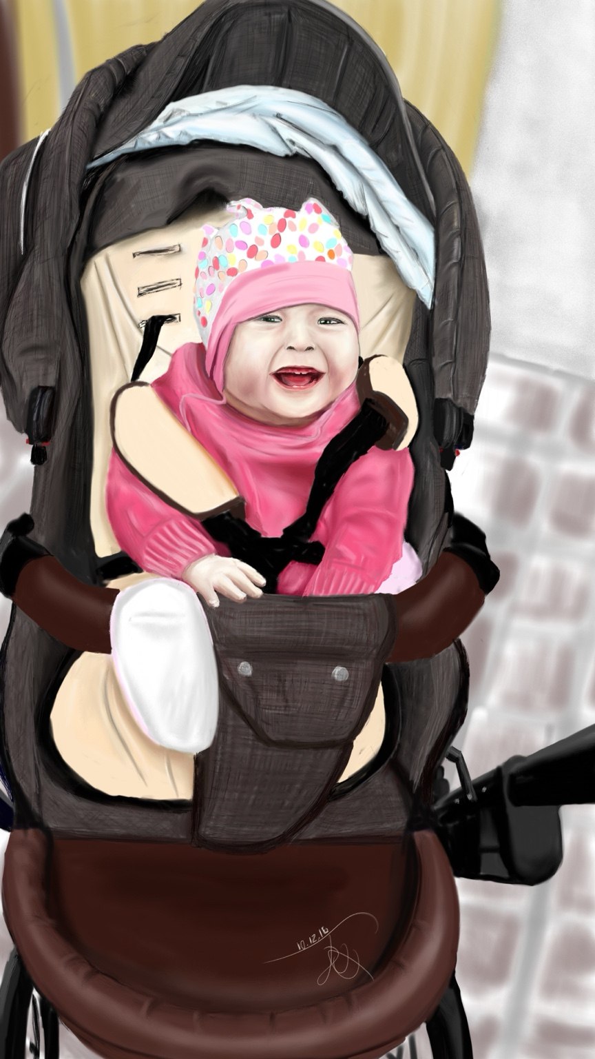 Liebevoll gemaltes Porträt eines lächelnden Babys im Kinderwagen