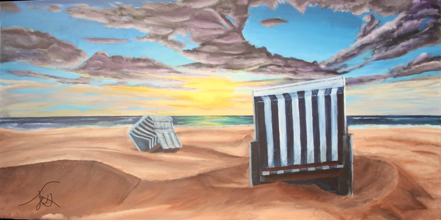 Gemälde eines Strandkorbs bei Sonnenuntergang